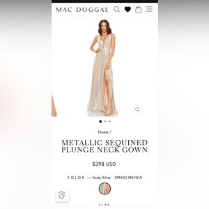 Mac Duggal Metallic Sequin Plunge Neck Gown Size 2